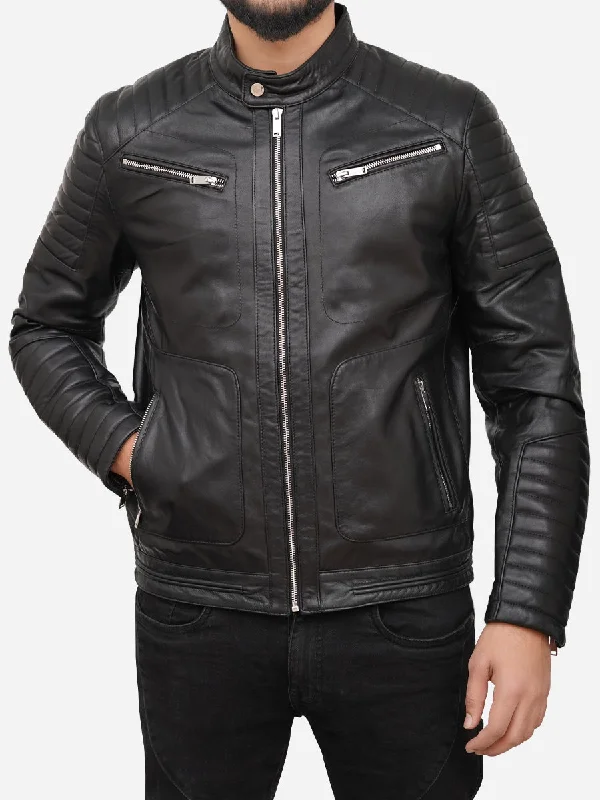 Men Black Quilted Moto Leather Jacket