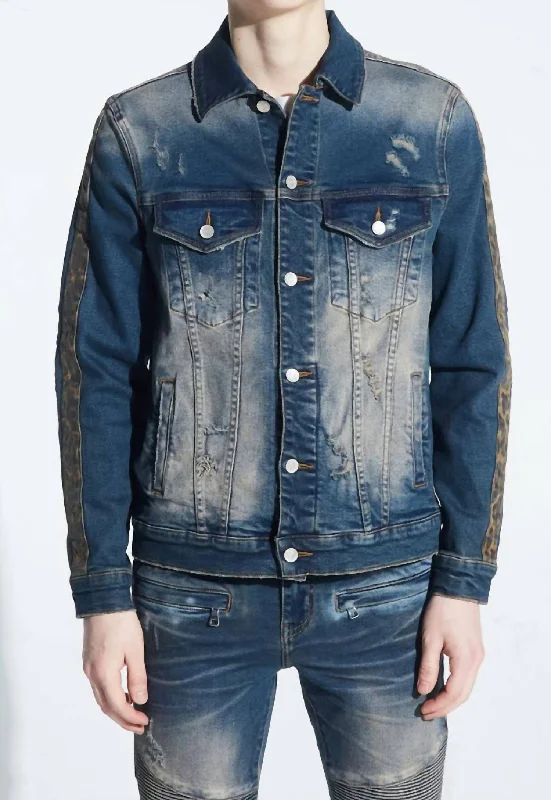 Hooded men jackets with a detachable faux - fur trim for added warmthMen's Bower Denim Jacket In Indigo Cheetah