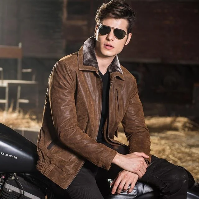Hooded men jackets with a detachable faux - fur trim for added warmthMen's Warm Genuine Pigskin Leather Padded Full Sleeve Jacket Hooded men jackets with a detachable faux - fur trim for added warmthMen's Warm Genuine Pigskin Leather Padded Full Sleeve Jacket