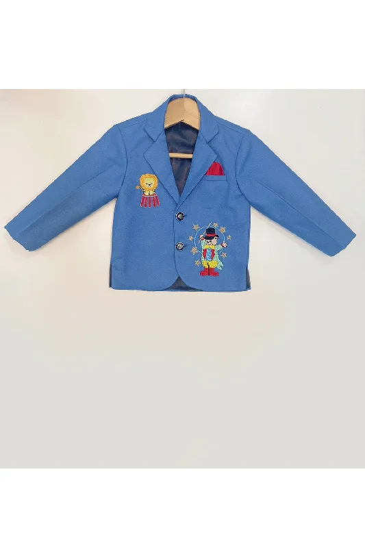 Tall Men's Black Leather Blazer with Zipper Details for a Modern and Edgy LookPersonalised blue circus theme embroidered coat Tall Men's Black Leather Blazer with Zipper Details for a Modern and Edgy LookPersonalised blue circus theme embroidered coat