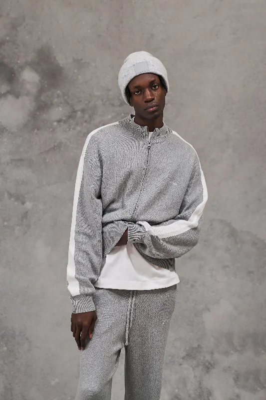 Men jackets with a built - in hood that can be stowed away when not in useSIDE STRIPE KNITTED TRACK JACKET - GREY MARL Men jackets with a built - in hood that can be stowed away when not in useSIDE STRIPE KNITTED TRACK JACKET - GREY MARL