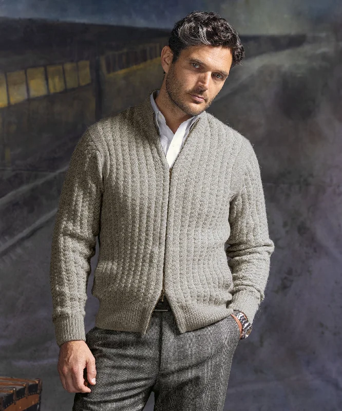 Men's Cable - Knit Turtleneck Merino Wool Sweater in Charcoal for a Winter Business LookAlpaca Wool Two-Toned Cable Zippered Cardigan Men's Cable - Knit Turtleneck Merino Wool Sweater in Charcoal for a Winter Business LookAlpaca Wool Two-Toned Cable Zippered Cardigan