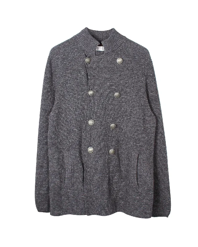 Regular Fit Men's Mock - Neck Sweater in Teal with a Side Slit for a Modern Office AttireBrunello Cucinelli Double-Breasted Knit Cardigan in Black Cotton Regular Fit Men's Mock - Neck Sweater in Teal with a Side Slit for a Modern Office AttireBrunello Cucinelli Double-Breasted Knit Cardigan in Black Cotton