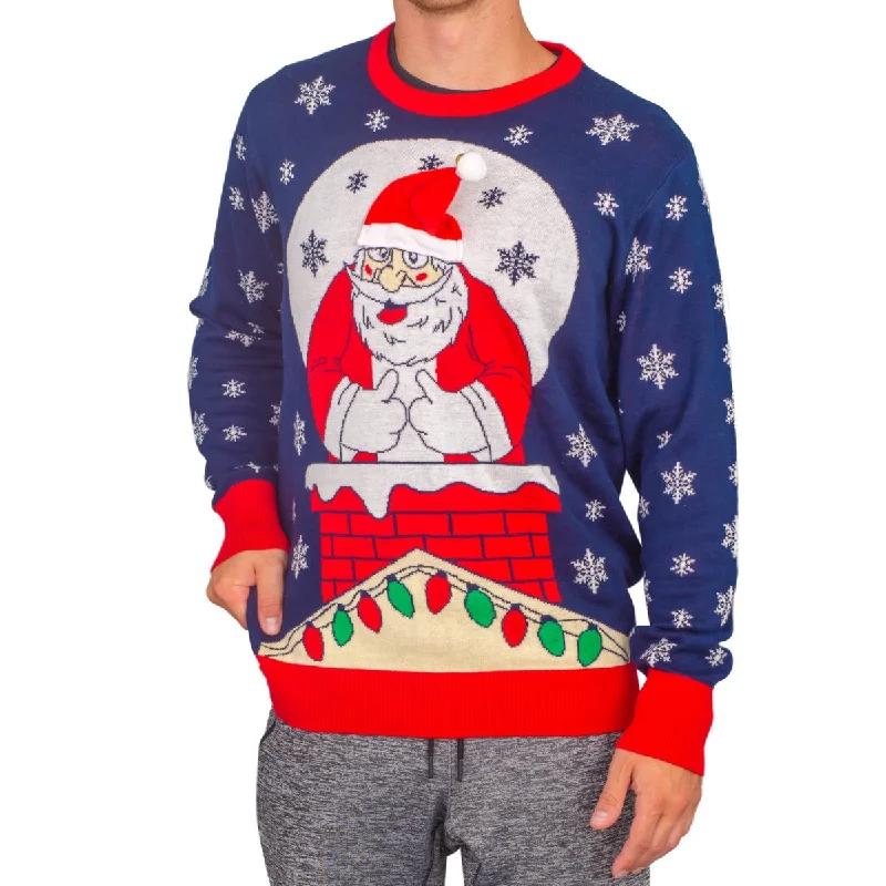Plus Size Men's Distressed Denim - Look Sweater in Blue for a Trendy and Edgy StyleFlappy Santa Animated Hat Ugly Christmas Sweater Plus Size Men's Distressed Denim - Look Sweater in Blue for a Trendy and Edgy StyleFlappy Santa Animated Hat Ugly Christmas Sweater