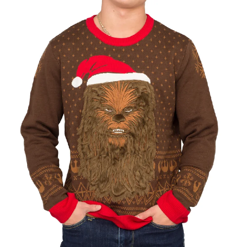 Men's Sequined Trimmed Sweater in Gold for a Glamorous New Year's PartyStar Wars Chewbacca Furry Face with Santa Hat Ugly Christmas Sweater Men's Sequined Trimmed Sweater in Gold for a Glamorous New Year's PartyStar Wars Chewbacca Furry Face with Santa Hat Ugly Christmas Sweater