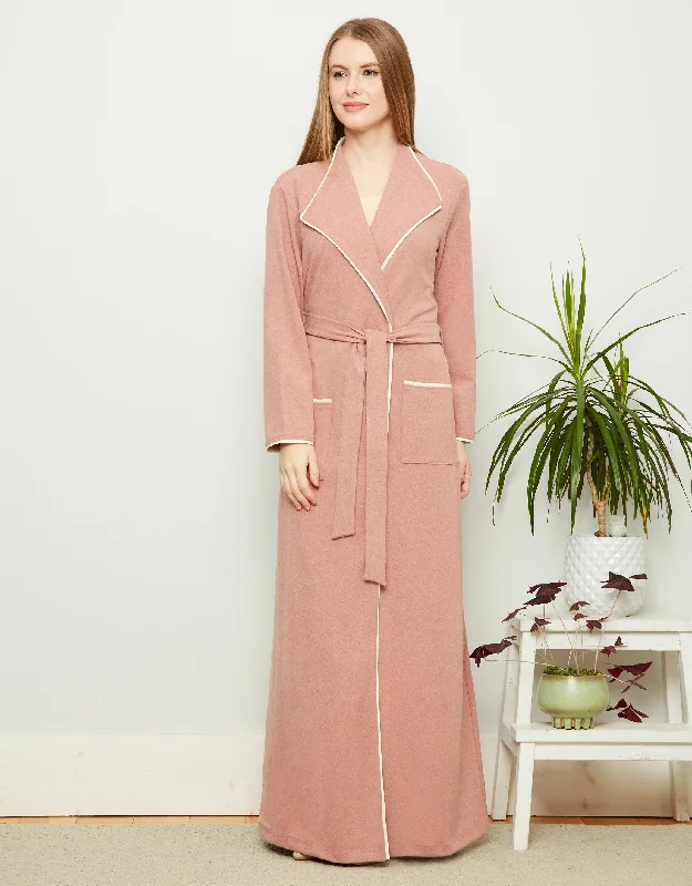 Men's robes with a sherpa lining​Fleece Belted Wrap Robe with Ivory Edge Trim Pink