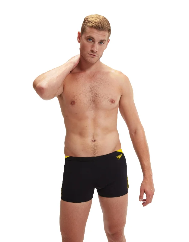 Men's Sustainable Recycled Material Swim Shorts for Eco - Conscious SwimmersHyperboom Splice Aquashort - Black/Yellow Men's Sustainable Recycled Material Swim Shorts for Eco - Conscious SwimmersHyperboom Splice Aquashort - Black/Yellow