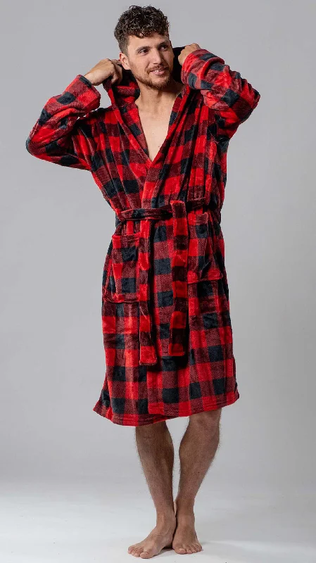 Men's robes with a stand - up collarRobe de chambre Wanted rouge avec carreaux et capuchon Men's robes with a stand - up collarRobe de chambre Wanted rouge avec carreaux et capuchon