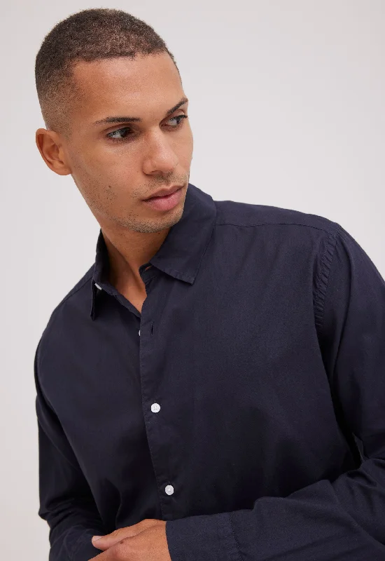 Plus Size Men's Plaid Flannel Casual Shirts in Earth Tones for a Cozy Fall OutfitFolded Collar Cotton Shirt - Navy