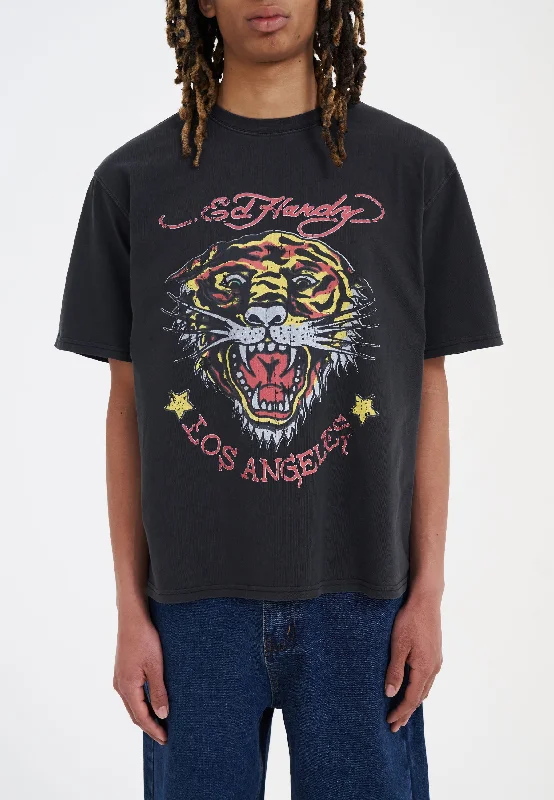 Men's button - front t - shirts with a unique artistic printMens La-Tiger-Vintage Tshirt - Black Men's button - front t - shirts with a unique artistic printMens La-Tiger-Vintage Tshirt - Black