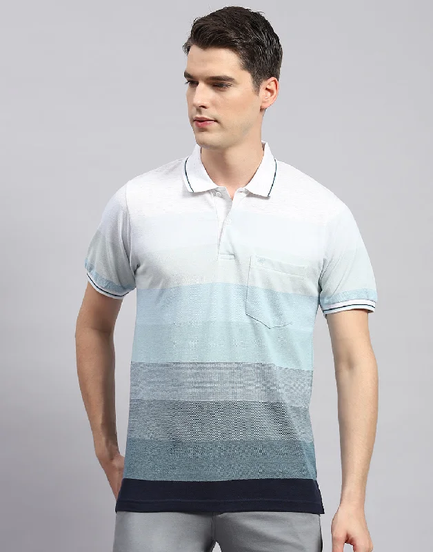 Men's Linen Blend Casual Shirts with Roll - Up Sleeves for a Summer Beach LookMen's slim fit short sleeve polo shirts with contrast collarsMen Sky Blue Stripe Polo Collar Half Sleeve T-Shirt
