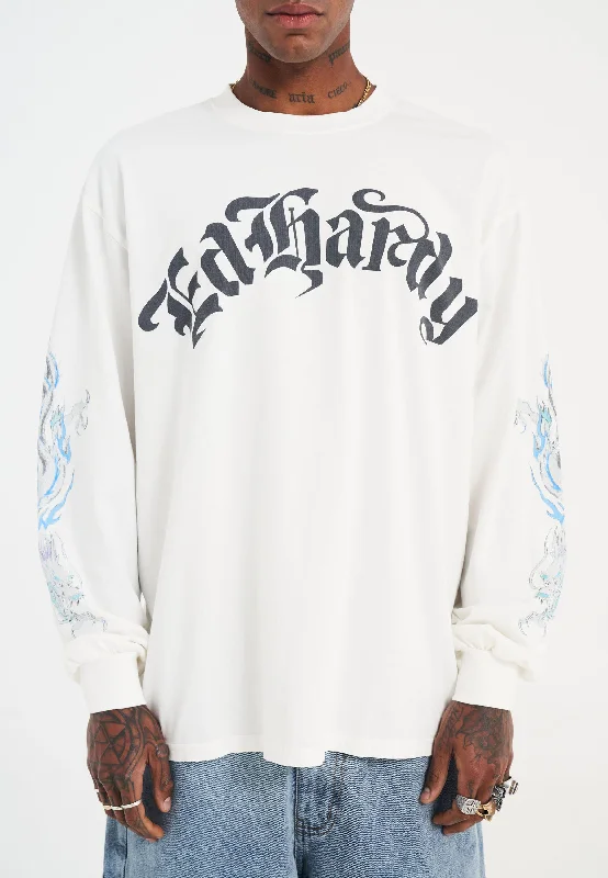 Men's button - front t - shirts with a unique artistic printMens Drag Death Rider Long Sleeve Tshirt - White Men's button - front t - shirts with a unique artistic printMens Drag Death Rider Long Sleeve Tshirt - White