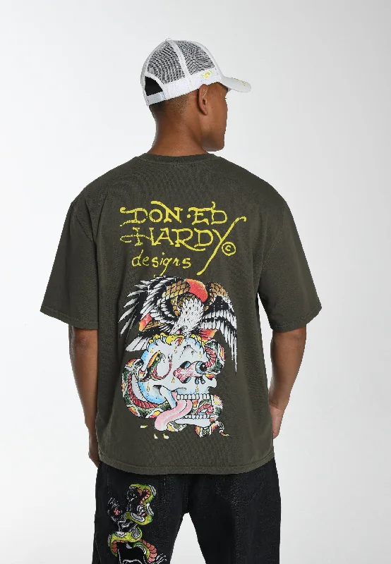 Men's short - sleeve linen t - shirts for summer beach outingsMens Eagle-Skull-Back Relaxed T-Shirt - Green Men's short - sleeve linen t - shirts for summer beach outingsMens Eagle-Skull-Back Relaxed T-Shirt - Green