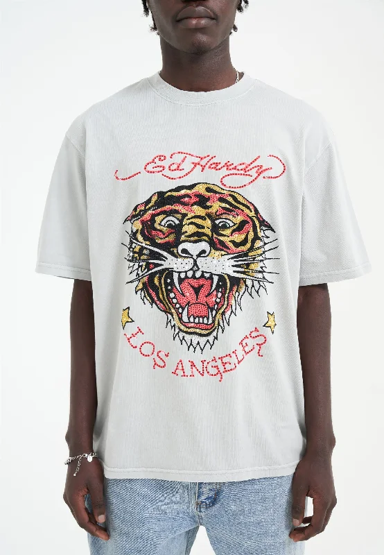 Men's thermal t - shirts with a high - neck design for cold weatherMens La Tiger Vintage Diamante Tshirt - Grey Men's thermal t - shirts with a high - neck design for cold weatherMens La Tiger Vintage Diamante Tshirt - Grey