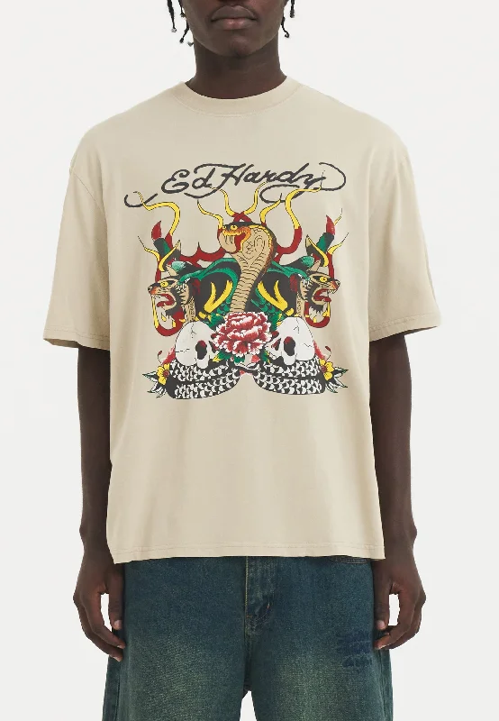 Men's polo t - shirts with a contrast collar for a preppy lookMens Snake & Skull Fire Tshirt - Beige Men's polo t - shirts with a contrast collar for a preppy lookMens Snake & Skull Fire Tshirt - Beige