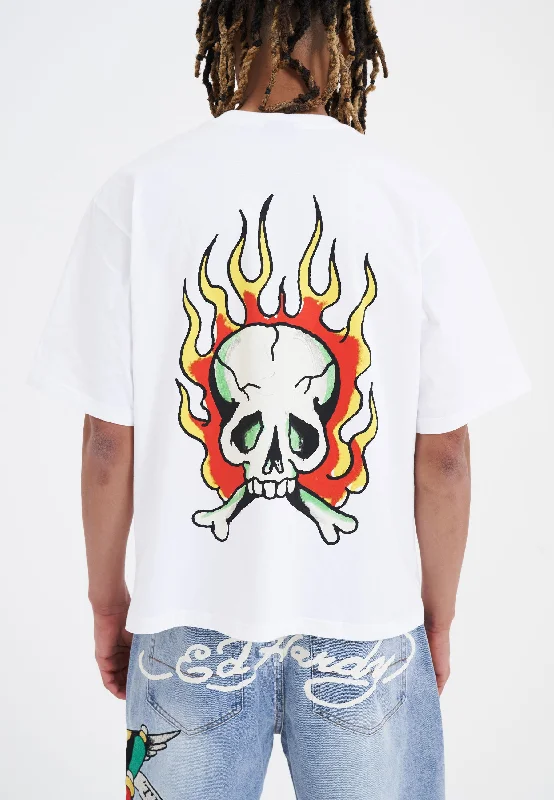 Men's mock - neck t - shirts with a modern and sleek styleMens Skull-Flame T-Shirt - White Men's mock - neck t - shirts with a modern and sleek styleMens Skull-Flame T-Shirt - White