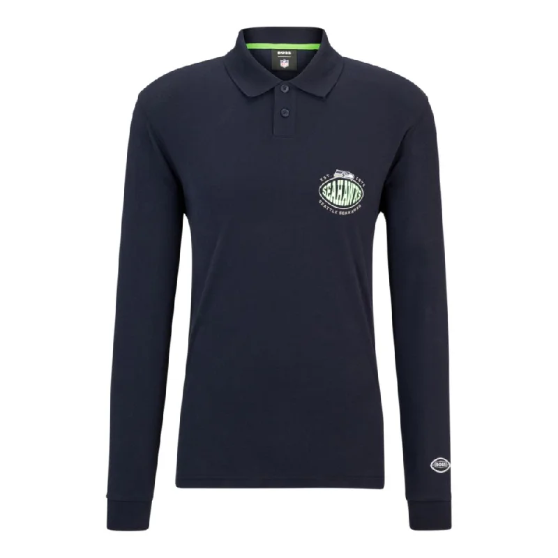 Men's mock - neck t - shirts with a modern and sleek styleBOSS x NFL long-sleeved polo shirt with collaborative branding Men's mock - neck t - shirts with a modern and sleek styleBOSS x NFL long-sleeved polo shirt with collaborative branding
