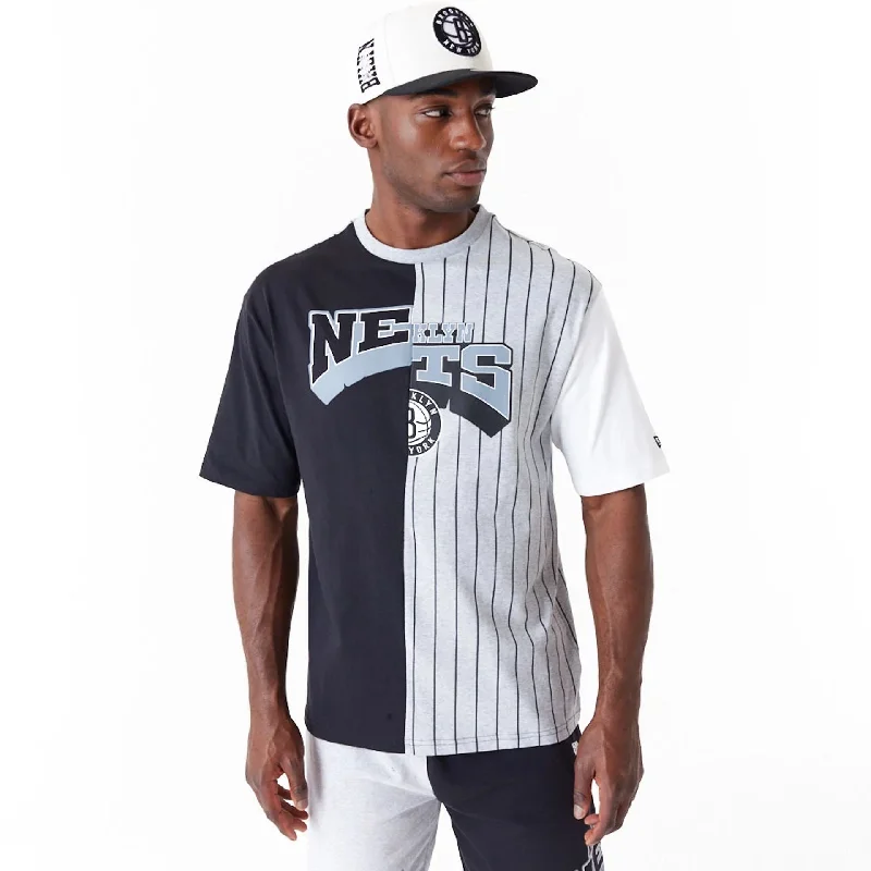 Men's button - front t - shirts with a unique artistic printBrooklyn Nets NBA Half Pinstripe Grey Oversized T-Shirt Men's button - front t - shirts with a unique artistic printBrooklyn Nets NBA Half Pinstripe Grey Oversized T-Shirt