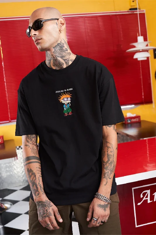 Men's distressed denim - look t - shirts with a rugged appealChuckie Embroidery Oversized T-shirt Men's distressed denim - look t - shirts with a rugged appealChuckie Embroidery Oversized T-shirt