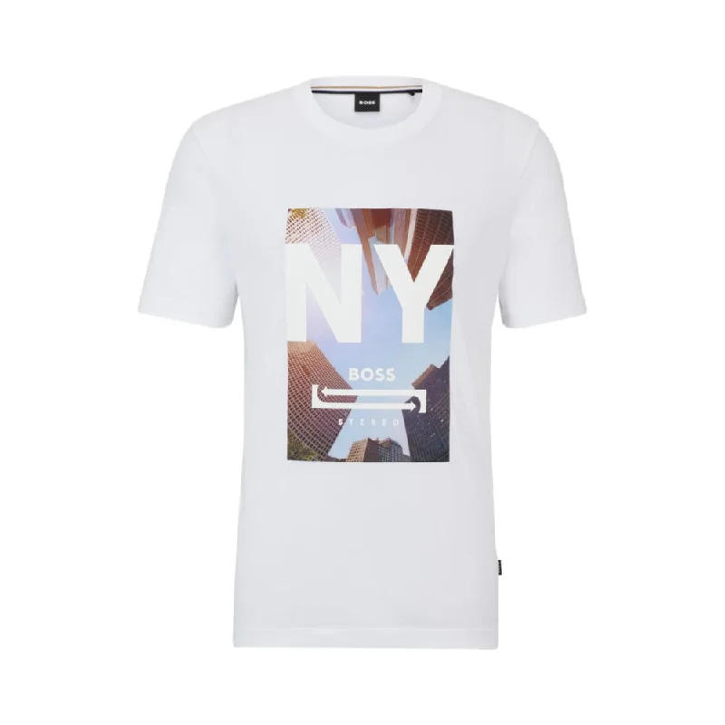 Men's short - sleeve linen t - shirts for summer beach outingsCotton-jersey T-shirt with mixed-media artwork Men's short - sleeve linen t - shirts for summer beach outingsCotton-jersey T-shirt with mixed-media artwork