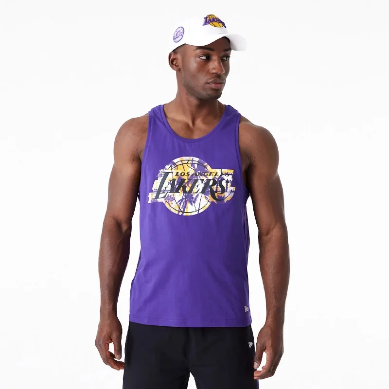 Men's long - sleeve henley t - shirts with button - down placketsLA Lakers NBA Palm Tree Infill Purple Tank Top