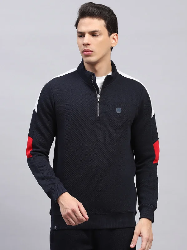 Men's distressed denim - look t - shirts with a rugged appealMen Navy Blue Self Design Mock Neck Full Sleeve Winter T-Shirt Men's distressed denim - look t - shirts with a rugged appealMen Navy Blue Self Design Mock Neck Full Sleeve Winter T-Shirt