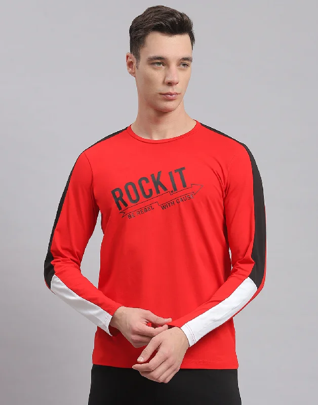 Men's slim - fit graphic t - shirts with vintage rock band printsMen Red Printed Round Neck Full Sleeve Active T-Shirt Men's slim - fit graphic t - shirts with vintage rock band printsMen Red Printed Round Neck Full Sleeve Active T-Shirt