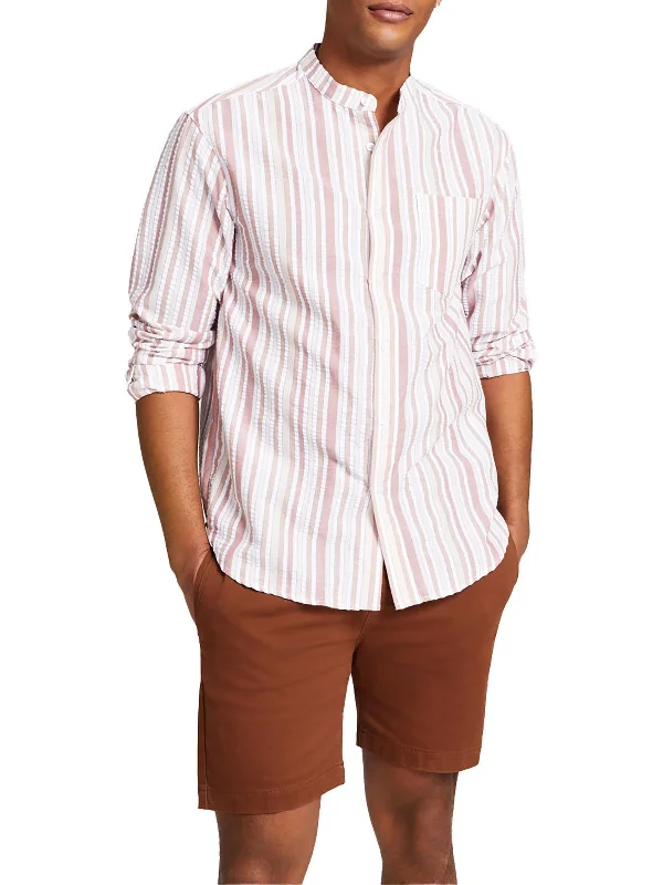 Men's short - sleeve linen t - shirts for summer beach outingsMens Banded Collar Striped Button-Down Shirt