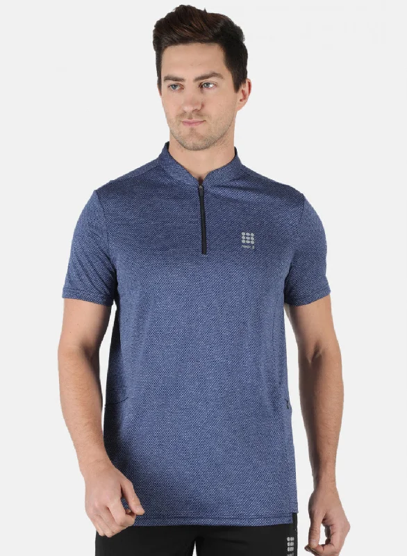 Men's mock - neck t - shirts with a modern and sleek styleMen Royal Blue Self Design Collar T-Shirt