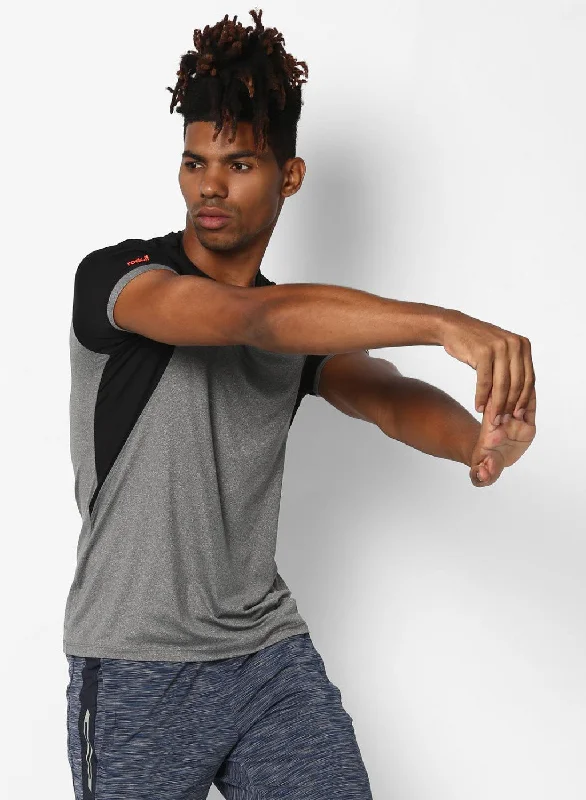 Men's lightweight performance t - shirts for running marathonsRockit Grey Black Round Neck Smart Fit T-Shirt Men's lightweight performance t - shirts for running marathonsRockit Grey Black Round Neck Smart Fit T-Shirt